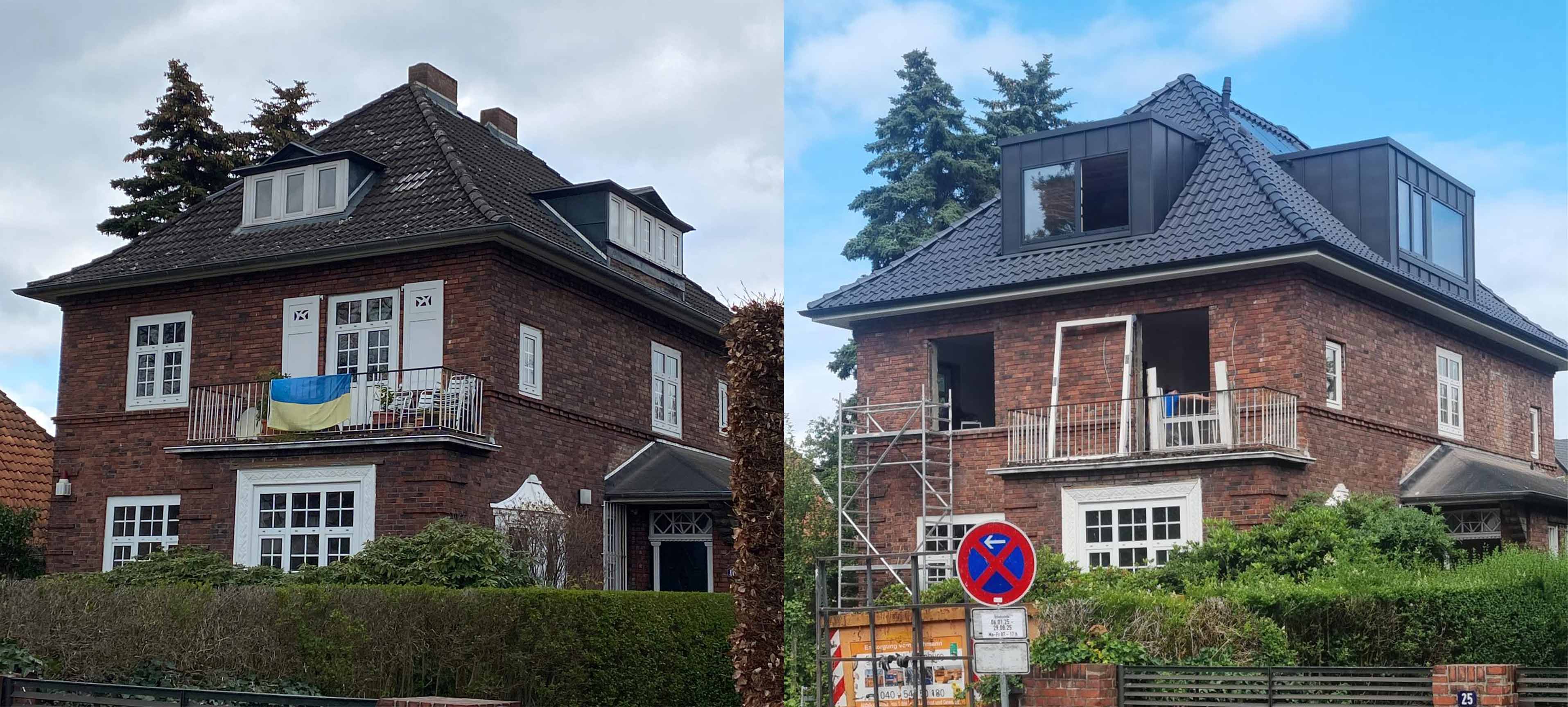 Ziegelhaus mit Balkon und ukrainischer Flagge, im Umbau mit neuem Dachfenster.