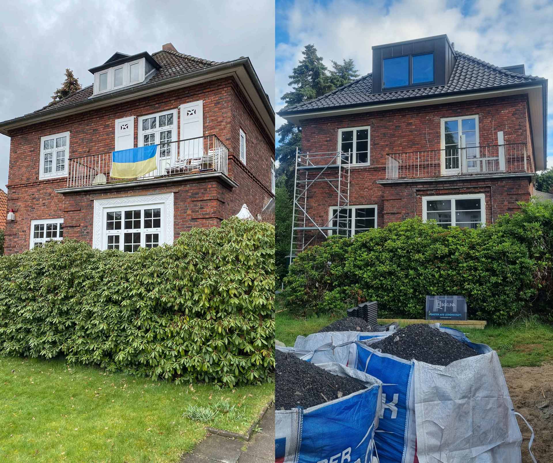 Ziegelhaus mit ukrainischer Flagge auf Balkon, eingebettet in grüne Hecke.