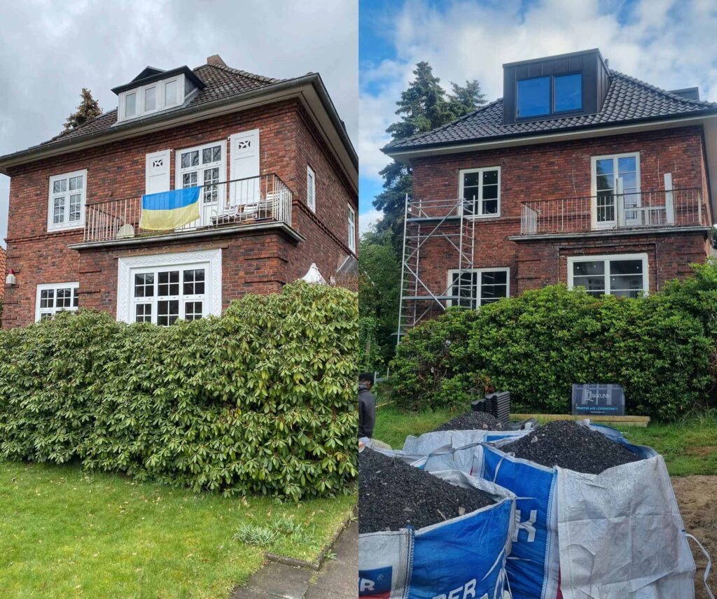 Vorher-Nachher-Bild eines zweistöckigen roten Backsteinhauses mit Balkon und weißen Fenstern