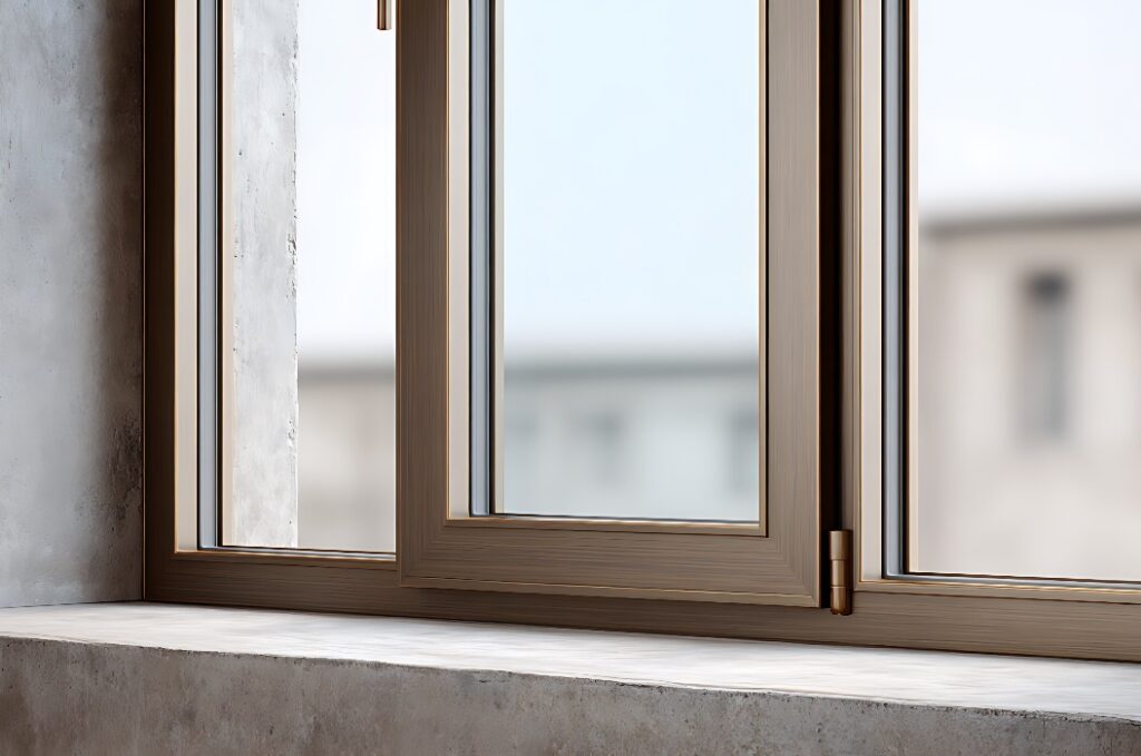 Hochwertiges Bronzfenster mit tiefer Fensterbank, thermischer Trennung und Drehbeschlägen, das die Farben originalgetreu wiedergibt.