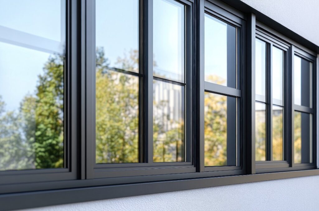Moderne schwarze Fensterrahmen an einem hellgrauen Gebäude
