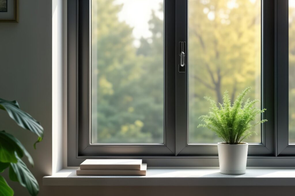 Modernes Fensterdesign für die Inneneinrichtung. Minimalistisches Hausfenster mit dunklem Rahmen. Offenes Bürofenster. Blick auf Bäume draußen. Topfpflanze auf der Fensterbank. Bücher auf der Fensterbank. Inneneinrichtung