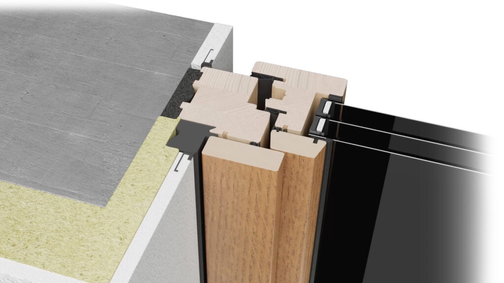 Querschnitt eines Twindow-Doppelfensters mit Holzprofil, Schiene, Wand und Dämmung