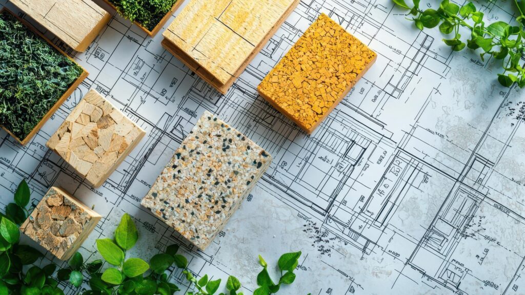 Auf einem Bauplan dargestellte umweltfreundliche Baumaterialien, die mit Grünflächen verwoben sind und nachhaltige Bauweisen hervorheben